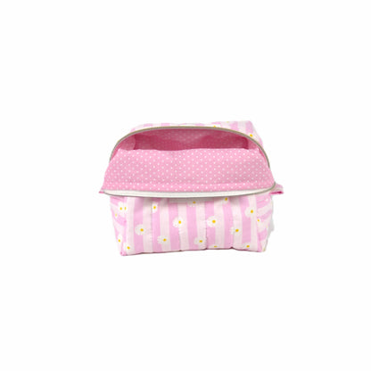 Handmade large makeup bag with pink stripes and daisies with bubblegum pink    and white polkadot liner - gift for her NZ