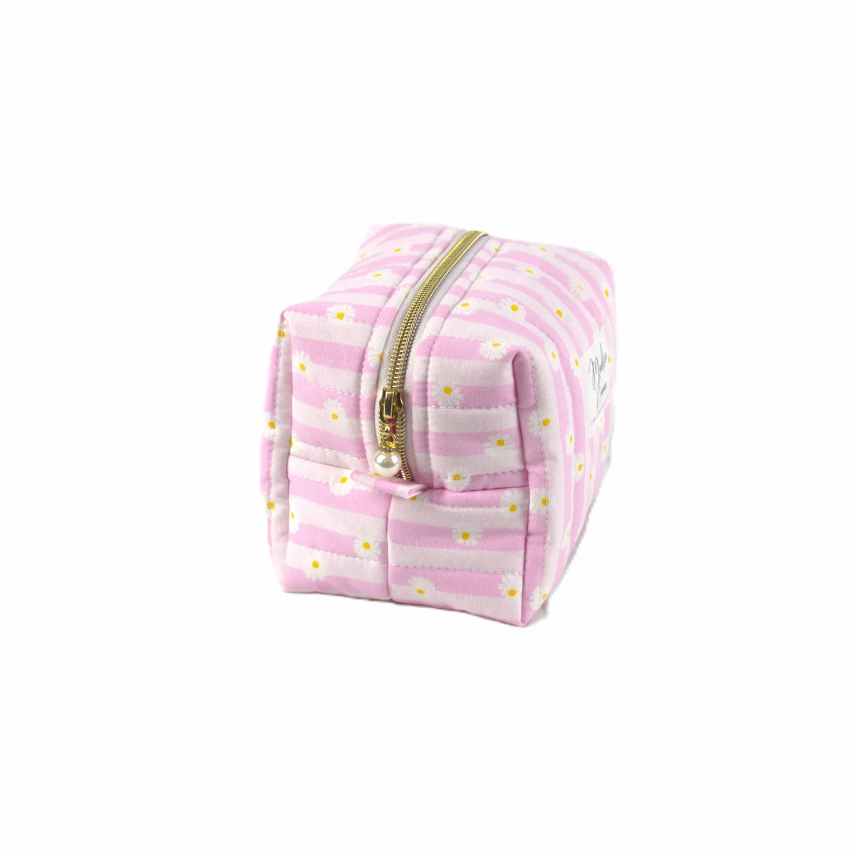 Handmade small makeup bag with pink stripes and daisies with gold zip and pearl zip pull - gift for her NZ