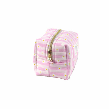 Handmade small makeup bag with pink stripes and daisies with gold zip and pearl zip pull - gift for her NZ