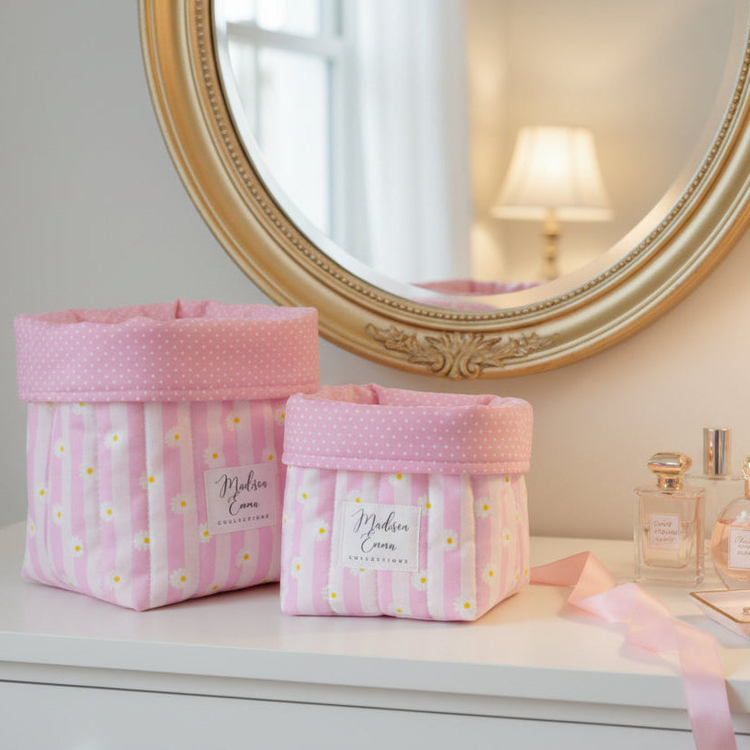 Lifestyle photo of handmade fabric vanity buckets with pink stripes and daisies - gift for her NZ