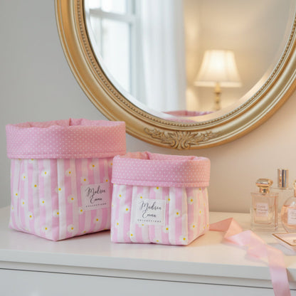Lifestyle photo of handmade fabric vanity buckets with pink stripes and daisies - gift for her NZ