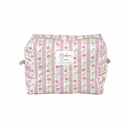 Handmade large makeup bag, pink floral striped - gift for her NZ