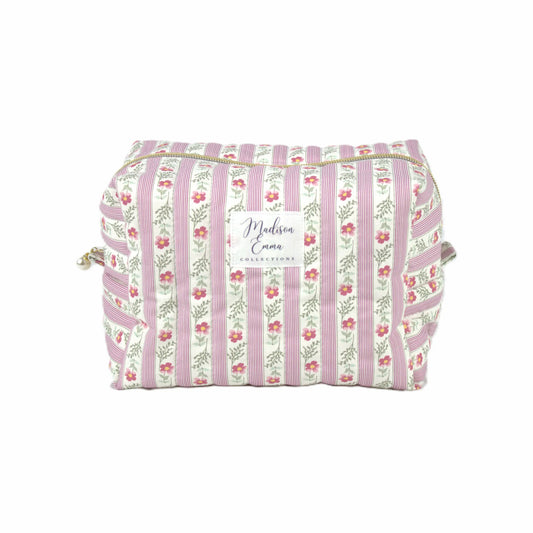 Handmade large makeup bag, pink floral striped - gift for her NZ