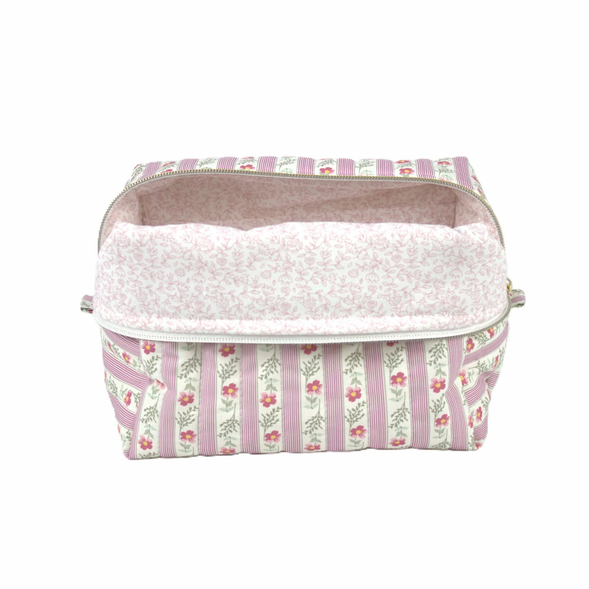 Handmade large makeup bag, pink floral striped with pink floral liner - gift for her NZ