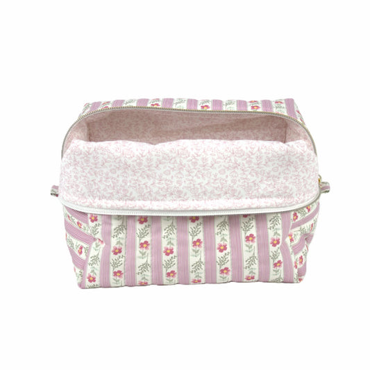Handmade large makeup bag, pink floral striped with pink floral liner - gift for her NZ