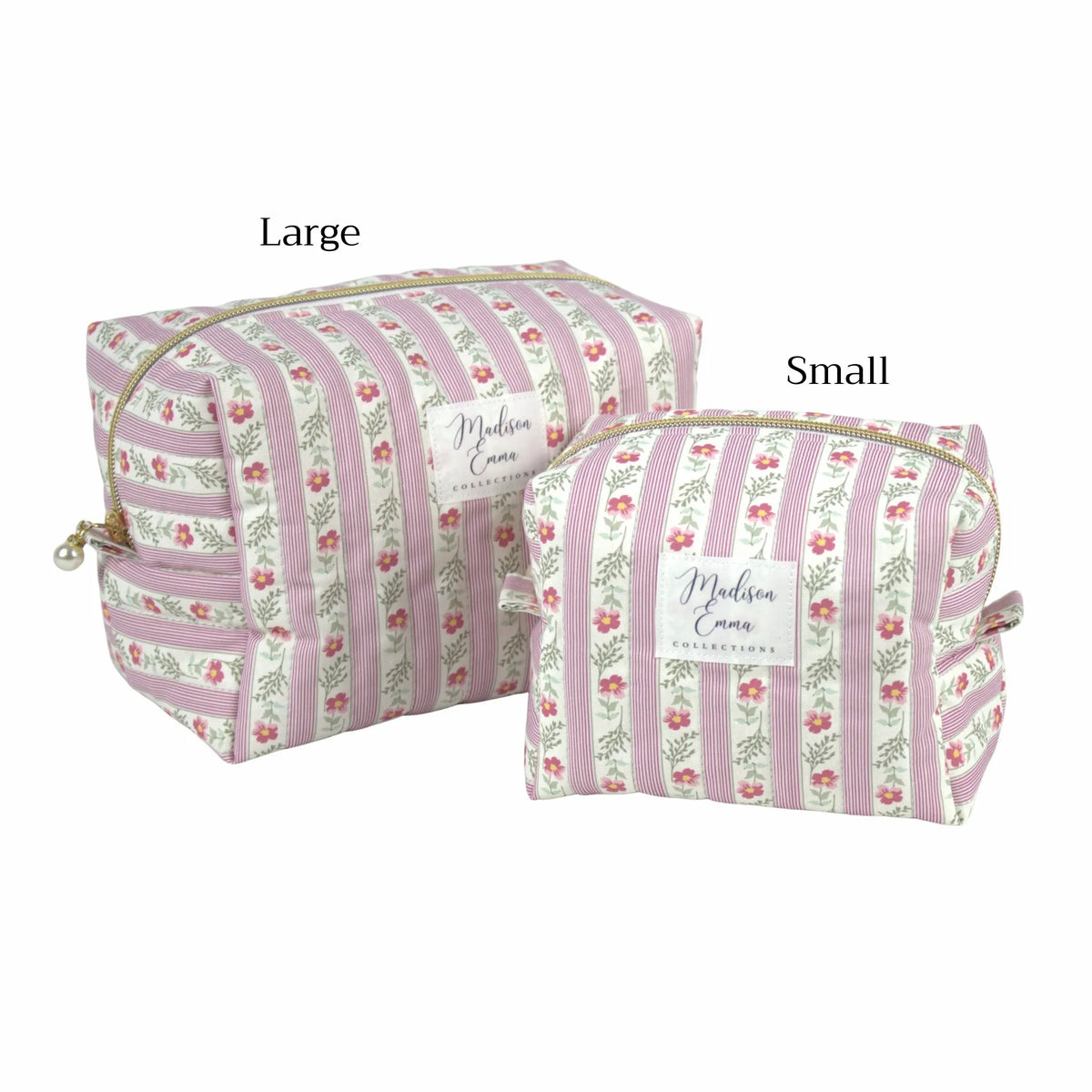 Handmade makeup size comparison, pink floral striped - gift for her NZ