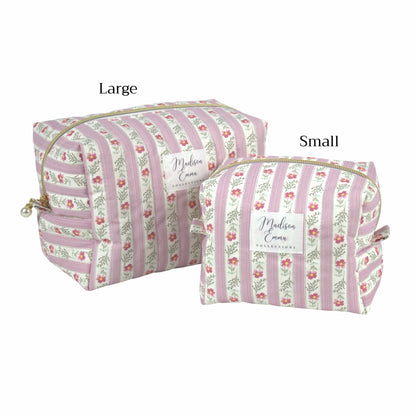 Handmade makeup size comparison, pink floral striped - gift for her NZ