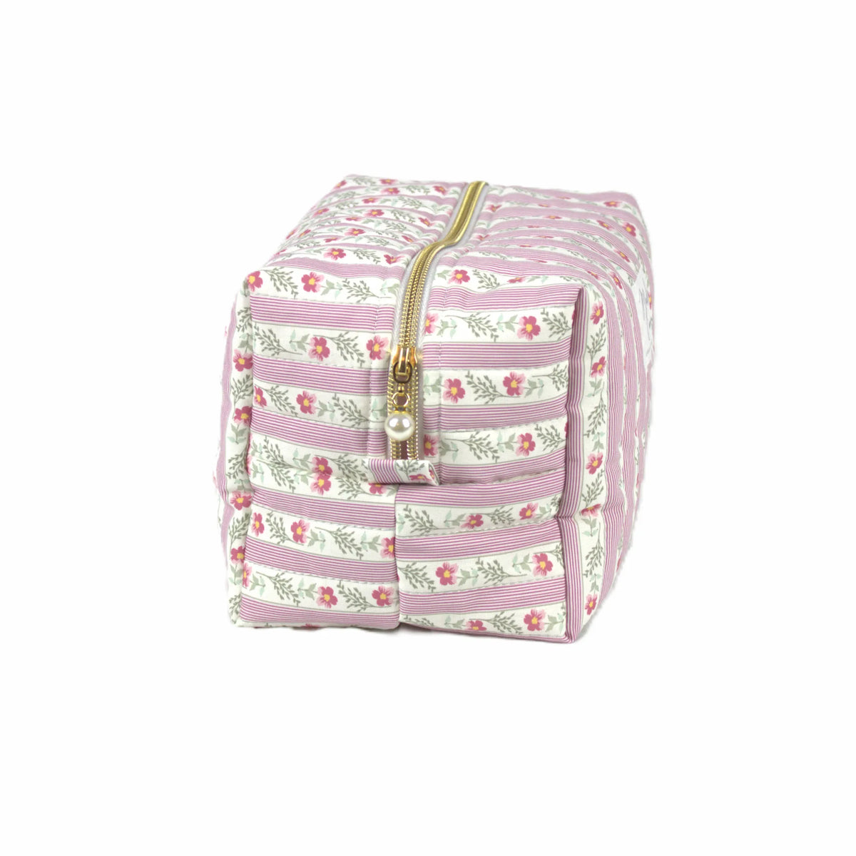 Handmade large makeup bag, pink floral striped with gold zip and pearl zip pull - gift for her NZ