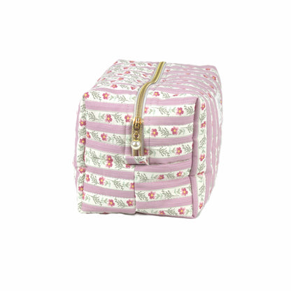 Handmade large makeup bag, pink floral striped with gold zip and pearl zip pull - gift for her NZ