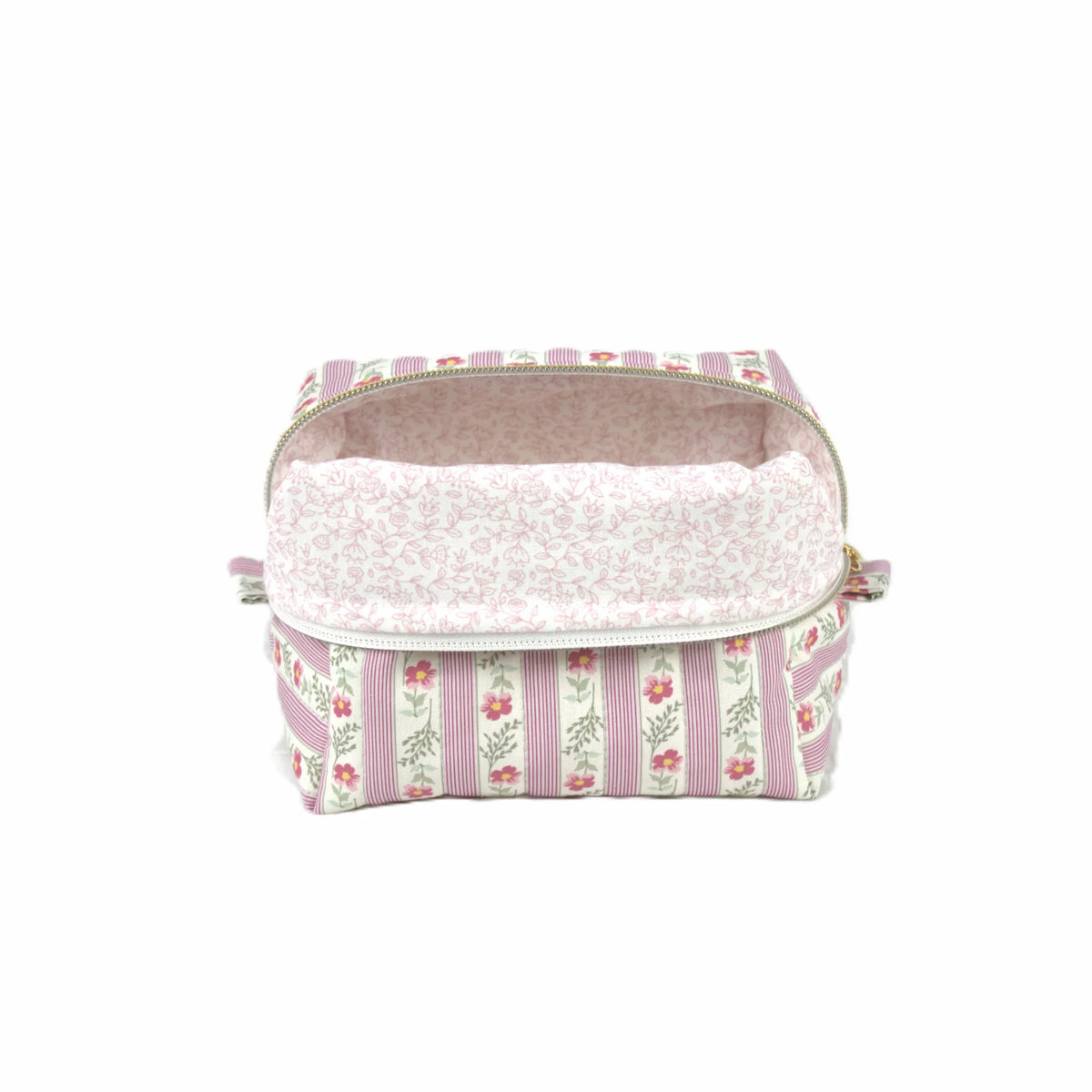 Handmade small makeup bag, pink floral striped with pink floral liner - gift for her NZ