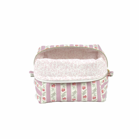 Handmade small makeup bag, pink floral striped with pink floral liner - gift for her NZ