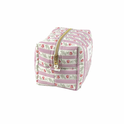 Handmade small makeup bag, pink floral striped with gold zip and pearl zip pull - gift for her NZ