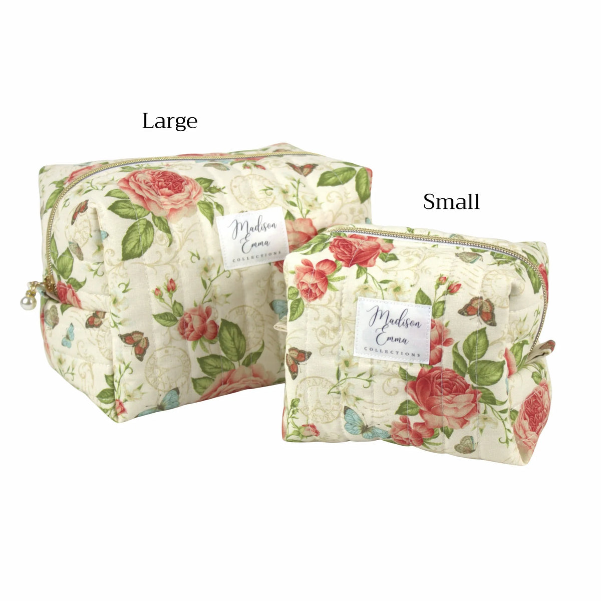 Handmade makeup bag size comparison.  Paris themed vintage roses and butterflies on cream fabric - gift for her NZ