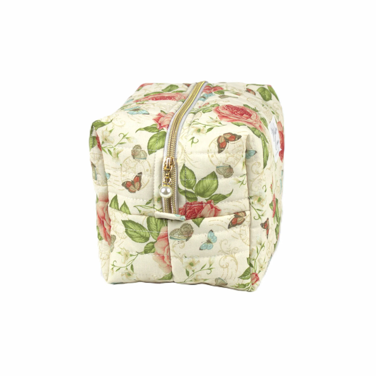 Handmade large makeup bag, Paris themed vintage roses and butterflies on cream fabric with gold zip and pearl zip pull - gift for her NZ