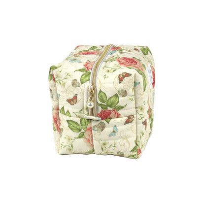 Handmade large makeup bag, Paris themed vintage roses and butterflies on cream fabric with gold zip and pearl zip pull - gift for her NZ