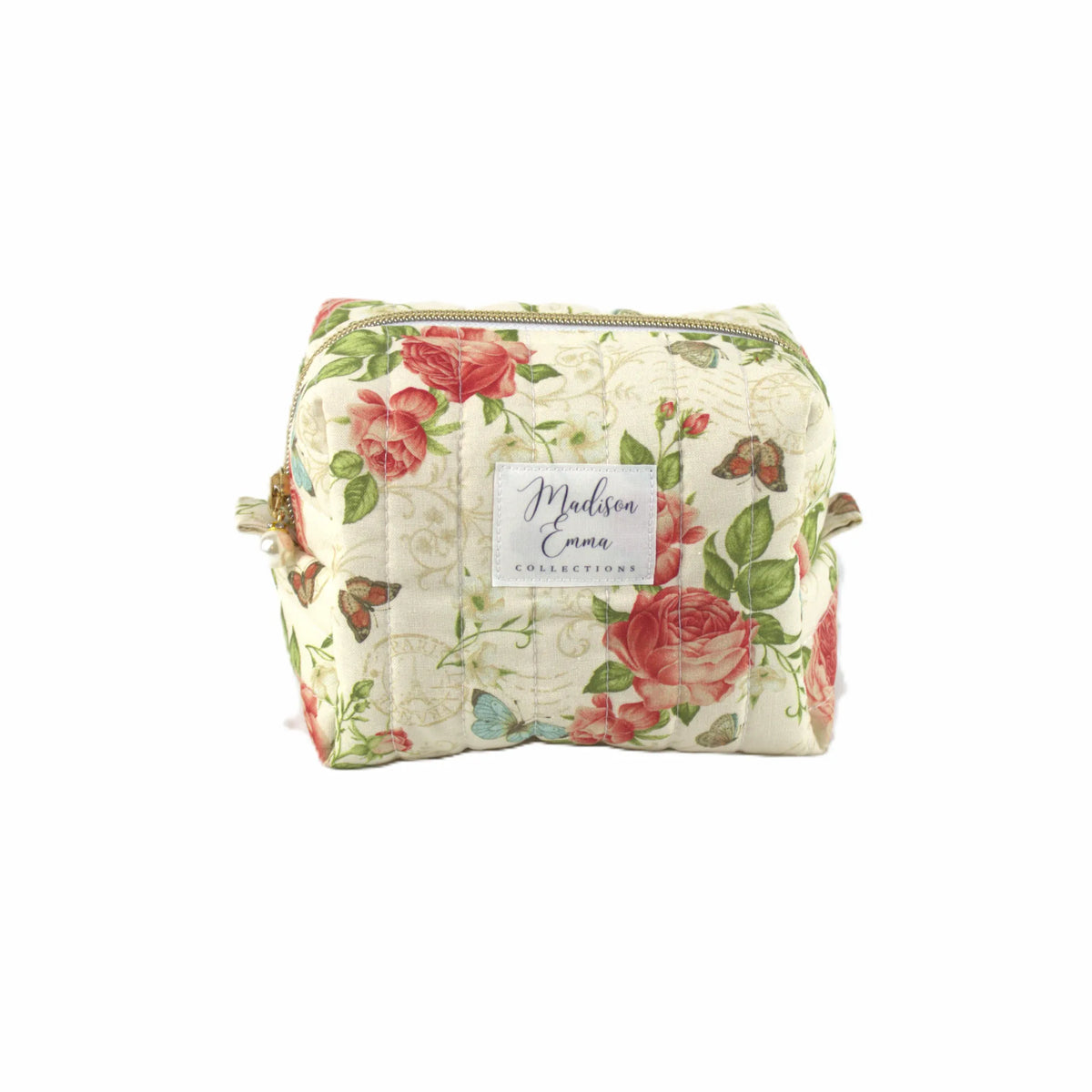 Handmade small makeup bag, Paris themed vintage roses and butterflies on cream fabric - gift for her NZ