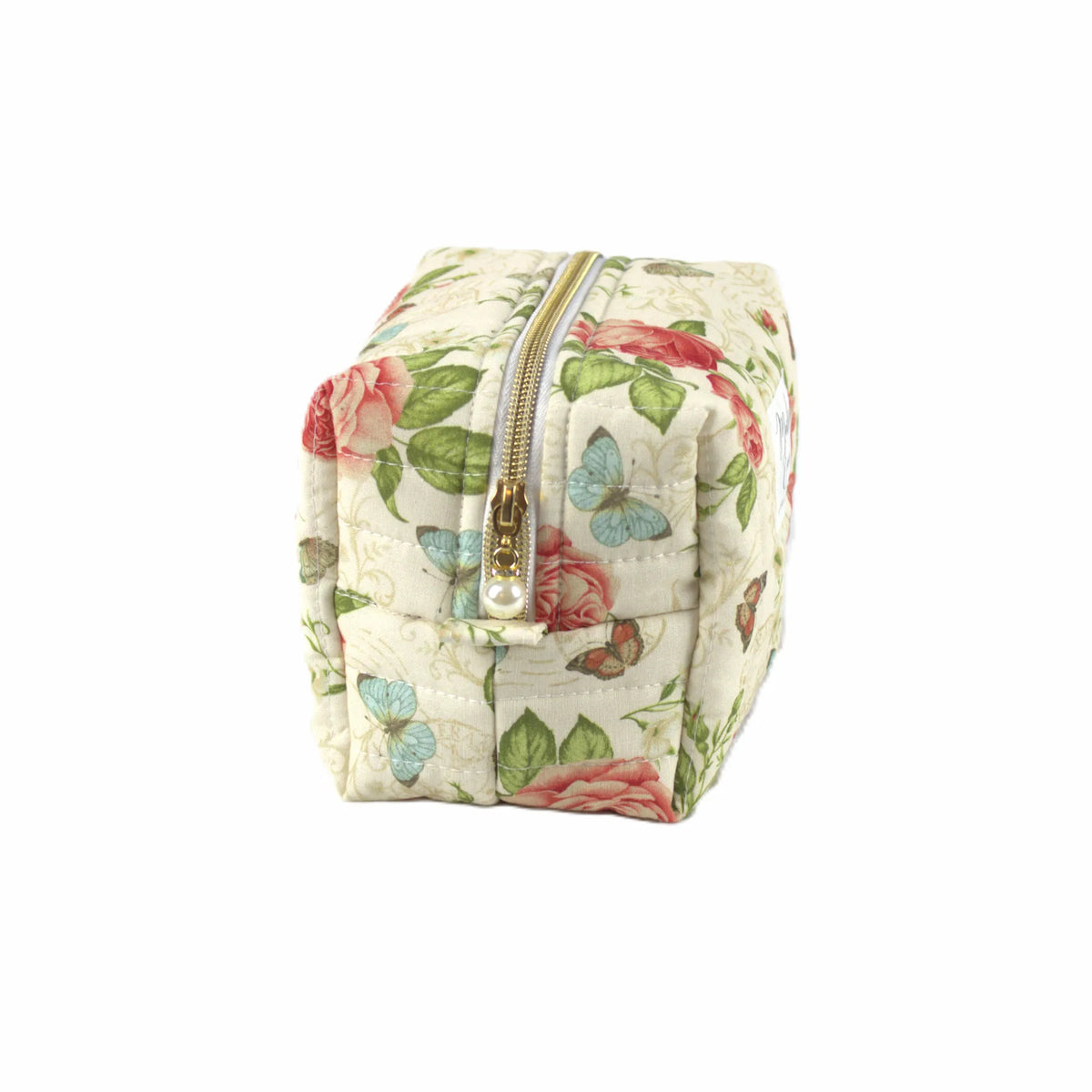 Handmade small makeup bag, Paris themed vintage roses and butterflies on cream fabric with gold zip and pearl zip pull - gift for her NZ