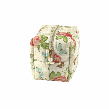 Handmade small makeup bag, Paris themed vintage roses and butterflies on cream fabric with gold zip and pearl zip pull - gift for her NZ