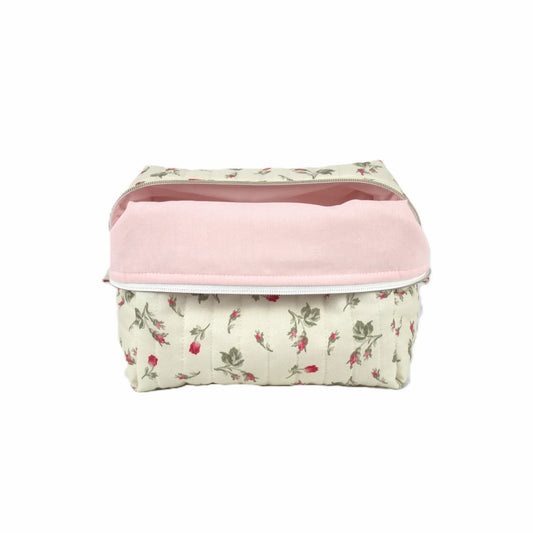 Handmade large makeup bag, red rosebuds on cream fabric with pink liner - gift for her NZ