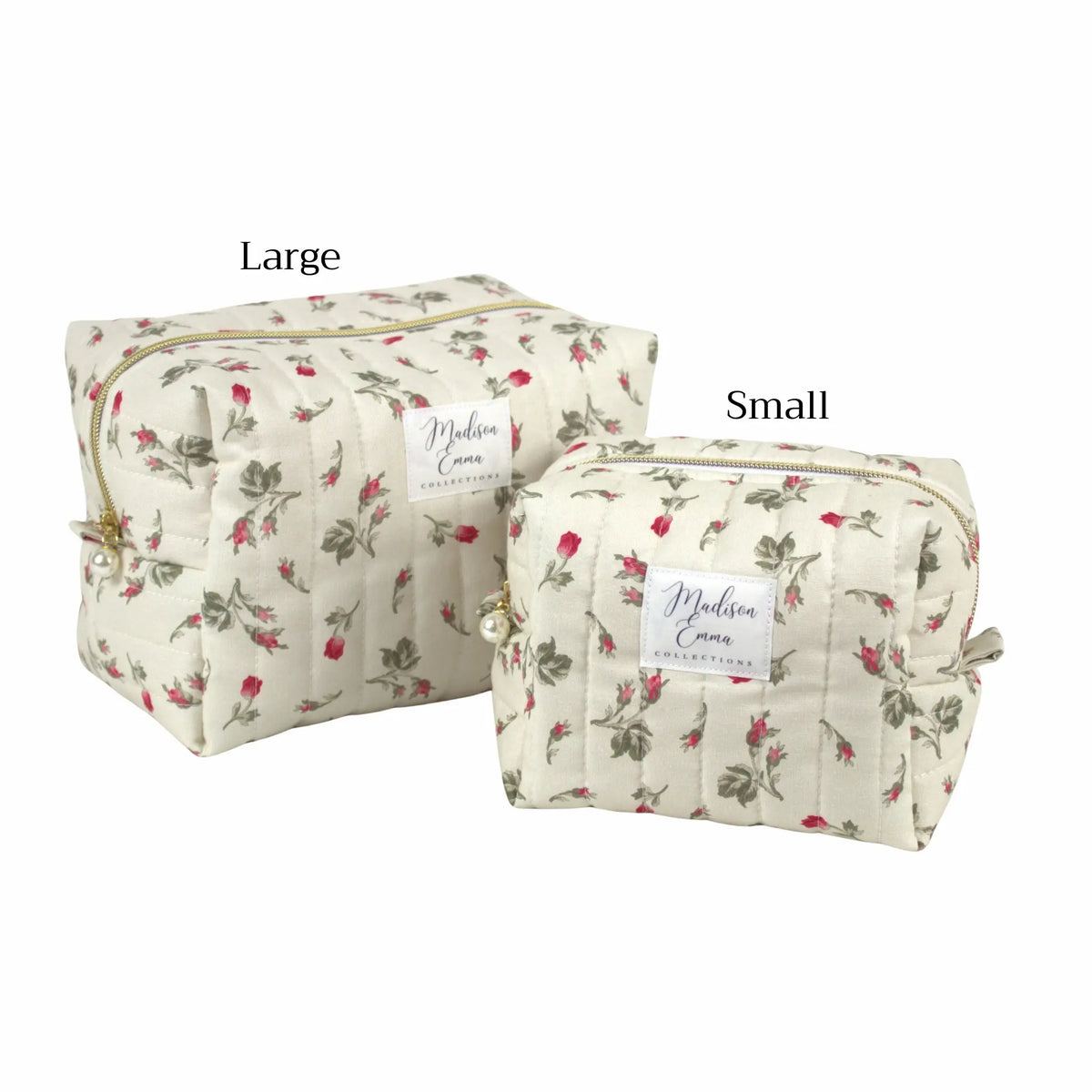 Handmade makeup bag size comparison.  Vintage red rosebuds on cream fabric - gift NZ