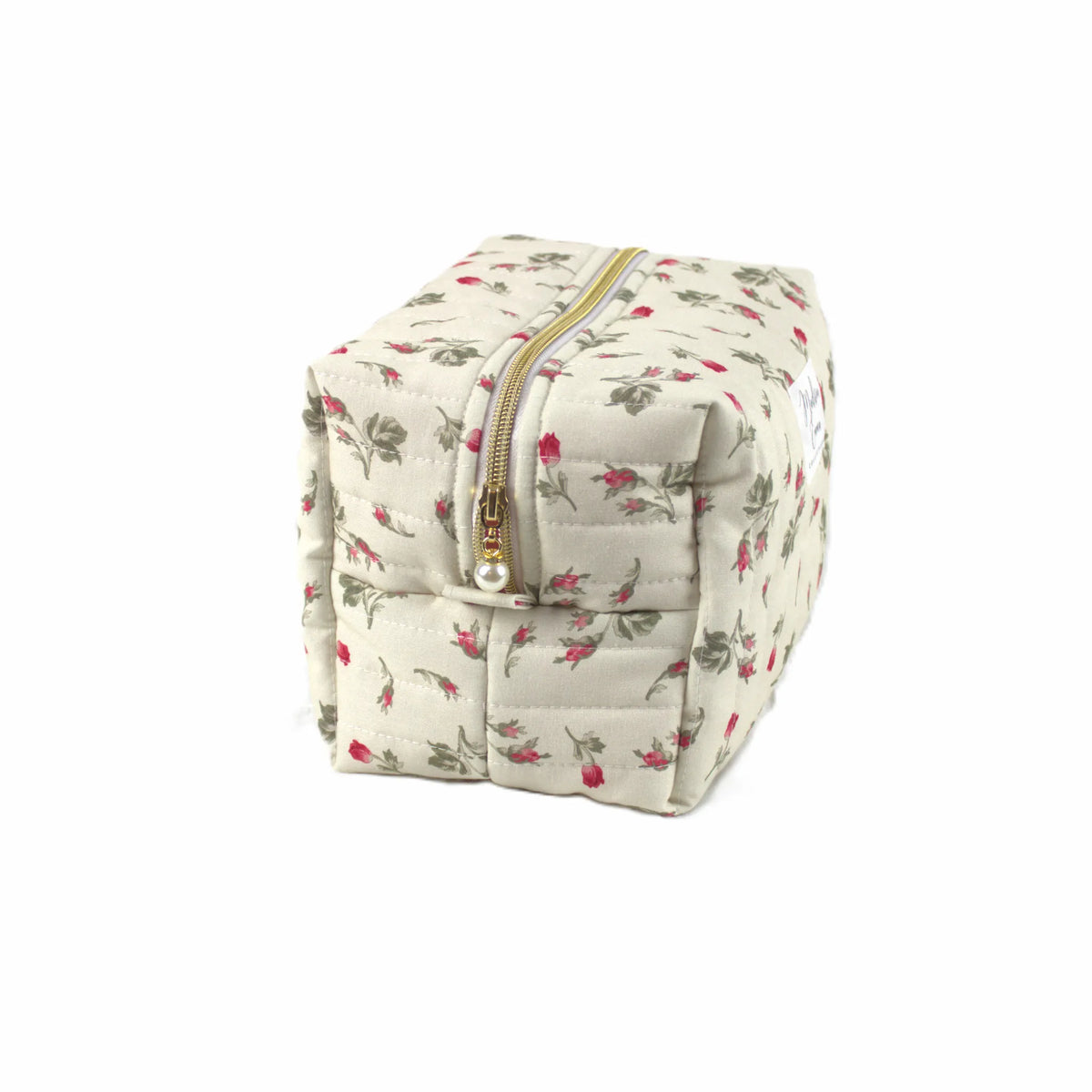 Handmade large makeup bag, red rosebuds on cream fabric with gold zip and pearl zip pull - gift for her NZ