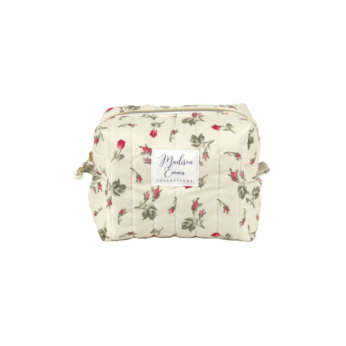 Handmade small makeup bag with red rosebuds on cream fabric - gift for her NZ