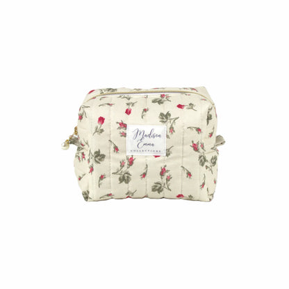Handmade small makeup bag with red rosebuds on cream fabric - gift for her NZ