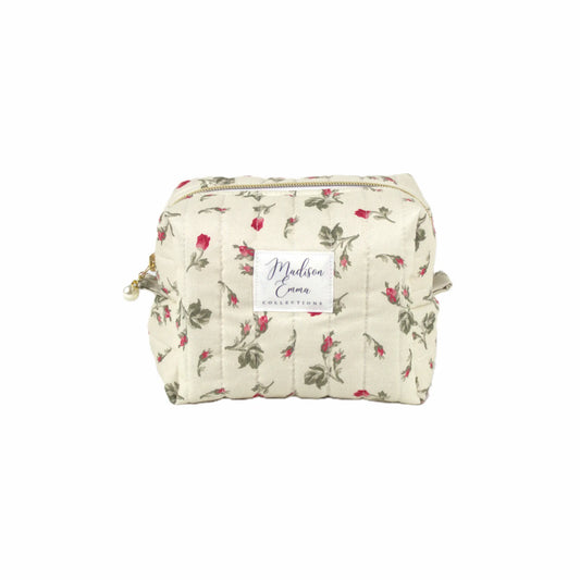 Handmade small makeup bag with red rosebuds on cream fabric - gift for her NZ