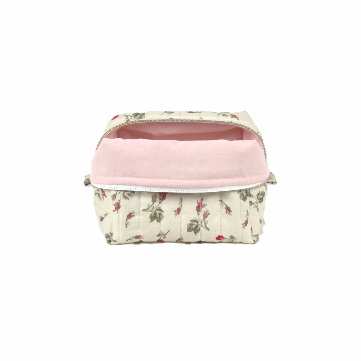 Handmade small makeup bag, red rosebuds on cream fabric with pink liner - gift for her NZ