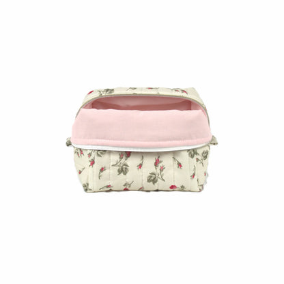 Handmade small makeup bag, red rosebuds on cream fabric with pink liner - gift for her NZ