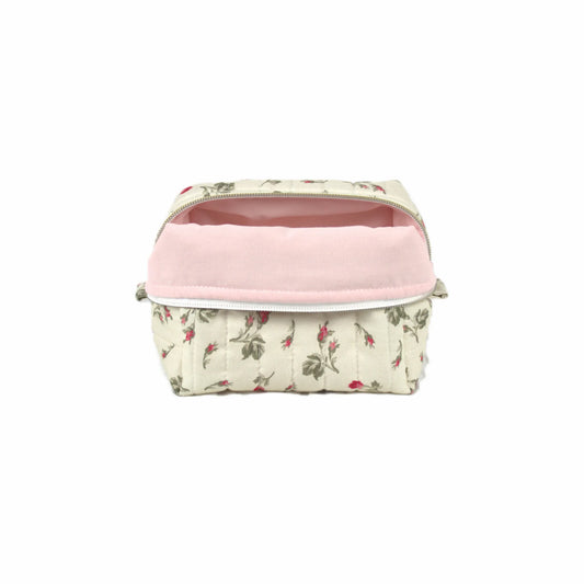 Handmade small makeup bag, red rosebuds on cream fabric with pink liner - gift for her NZ