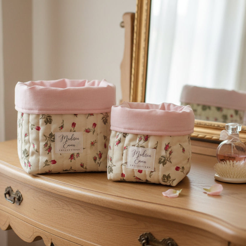 Lifestyle photo of handmade fabric vanity bucket size comparison.  Vintage red rosebuds on cream fabric - gift NZ