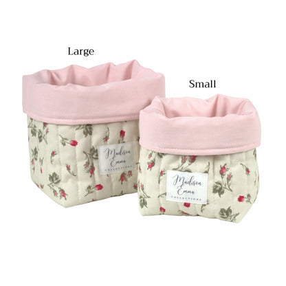 Handmade fabric vanity bucket size comparison.  Vintage red rosebuds on cream fabric - gift NZ