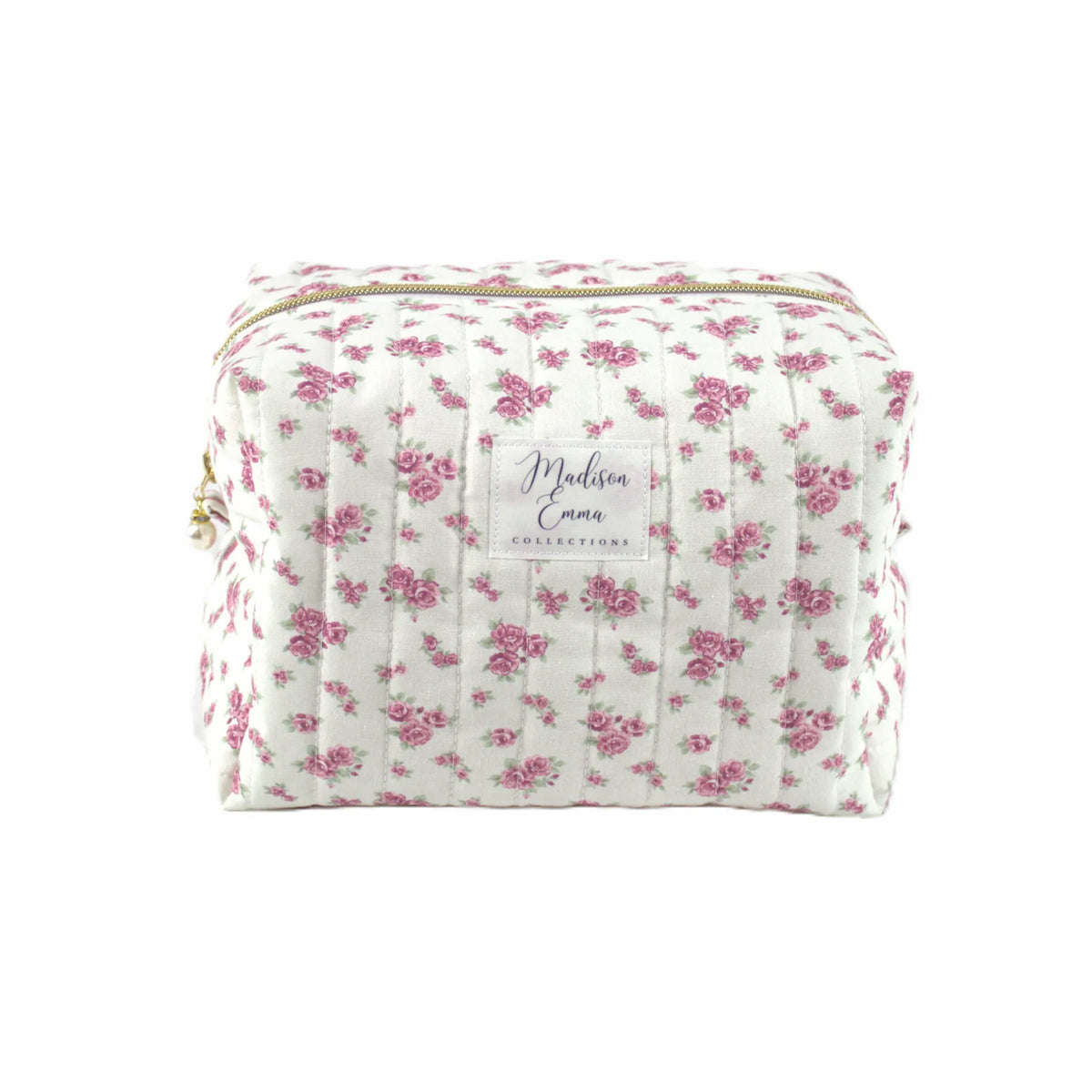 Handmade large makeup bag with pin vintage flowers on white fabric - gift for her NZ