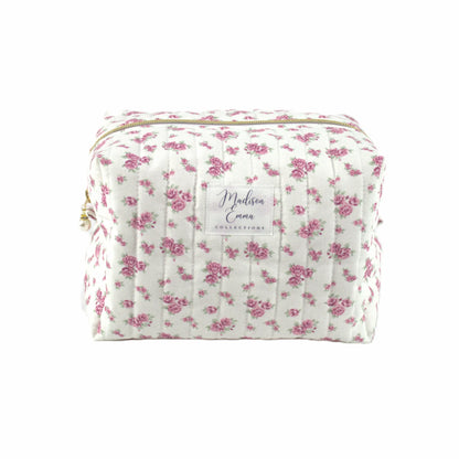Handmade large makeup bag with pin vintage flowers on white fabric - gift for her NZ