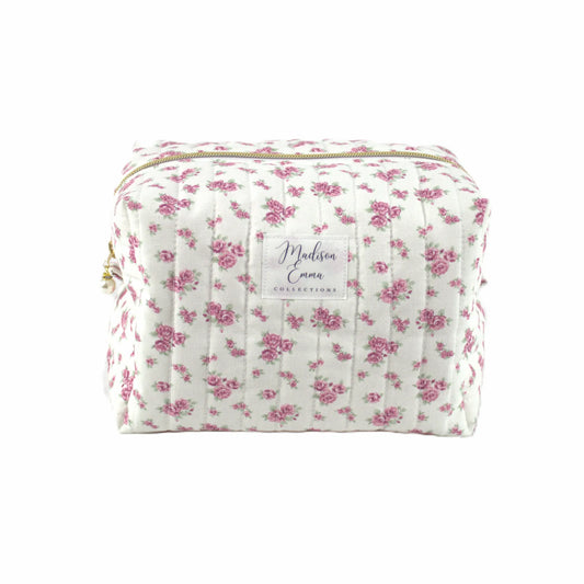 Handmade large makeup bag with pin vintage flowers on white fabric - gift for her NZ