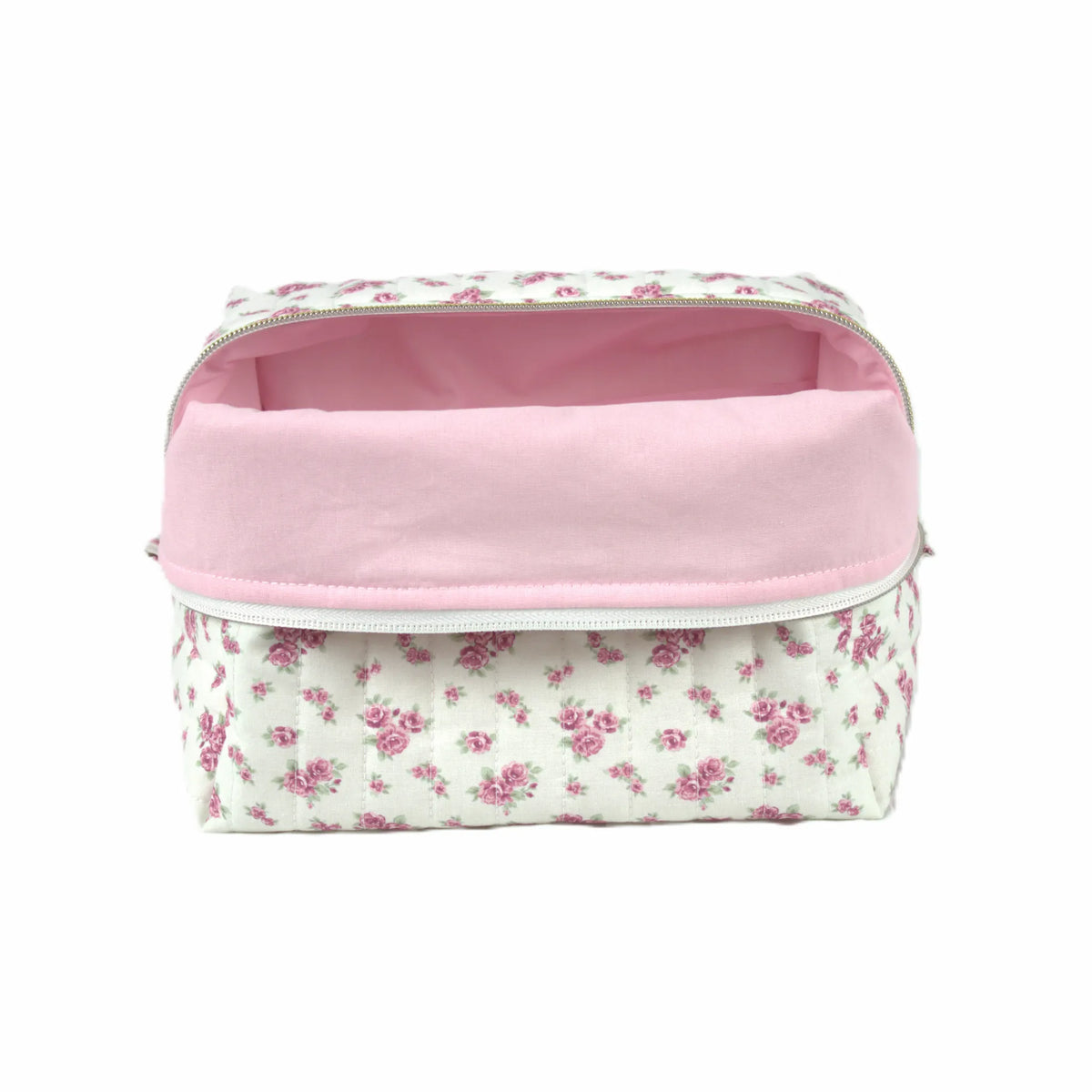 Handmade large makeup bag, pink vintage flowers on white fabric with pale pink liner - gift for her NZ