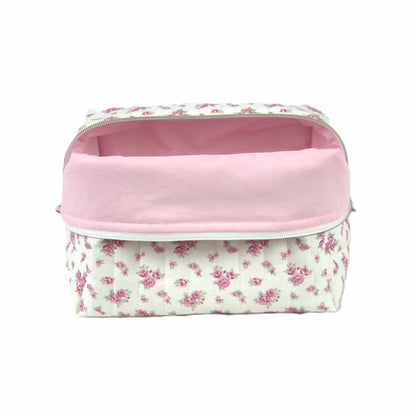 Handmade large makeup bag, pink vintage flowers on white fabric with pale pink liner - gift for her NZ