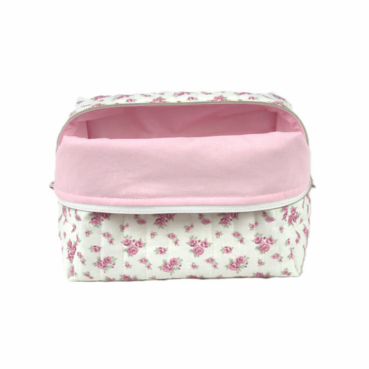 Handmade large makeup bag, pink vintage flowers on white fabric with pale pink liner - gift for her NZ