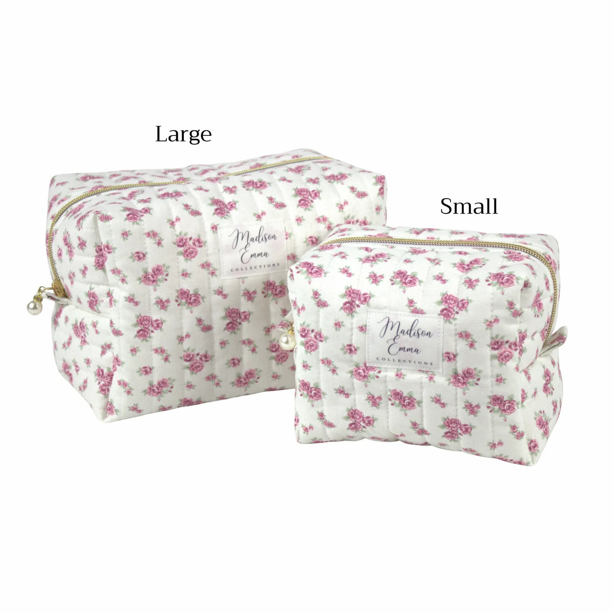 Handmade makeup bag size comparison.  Pink vintage flowers on white fabric - gift NZ