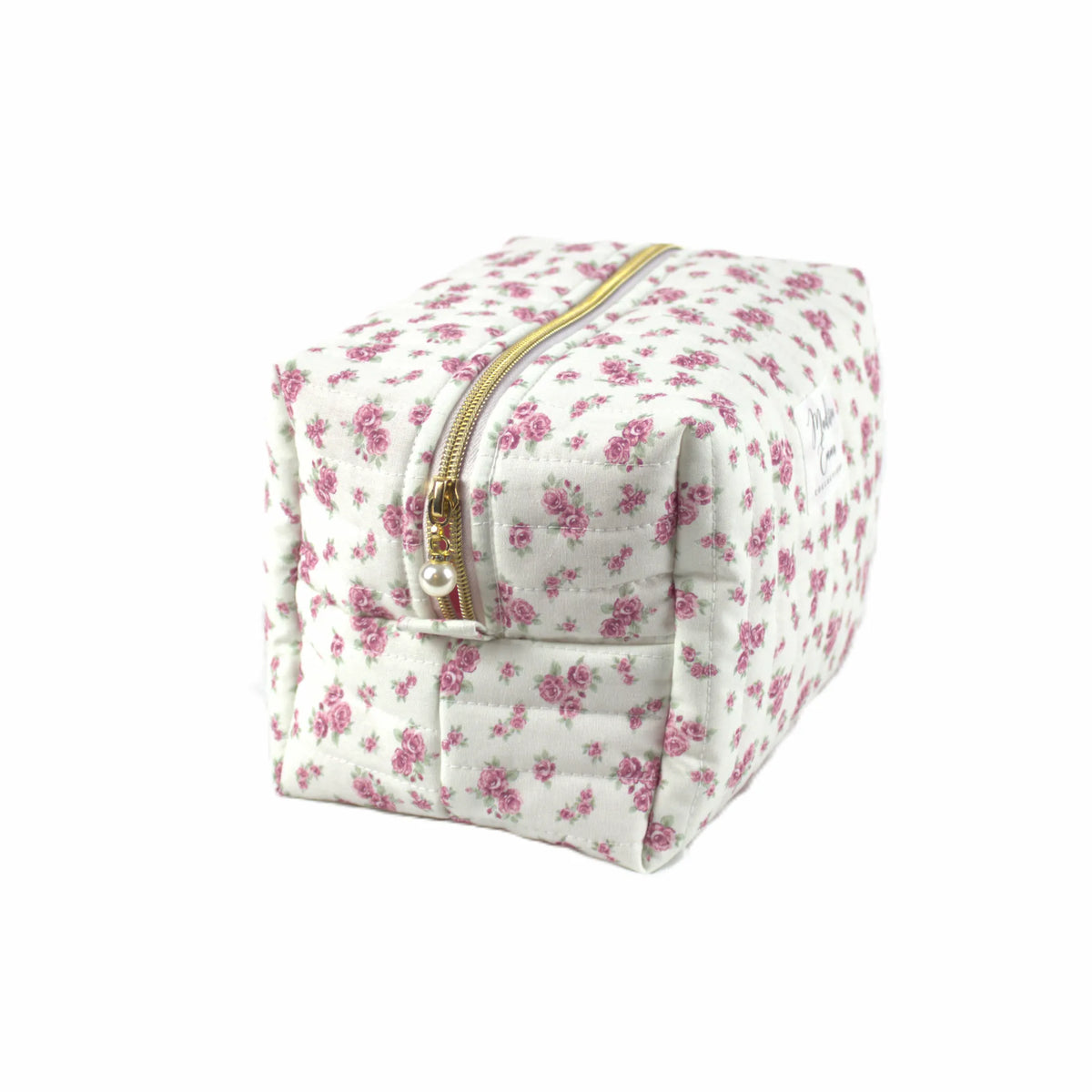 Handmade large makeup bag, pink vintage flowers on white fabric with gold zip and pearl zip pull - gift for her NZ