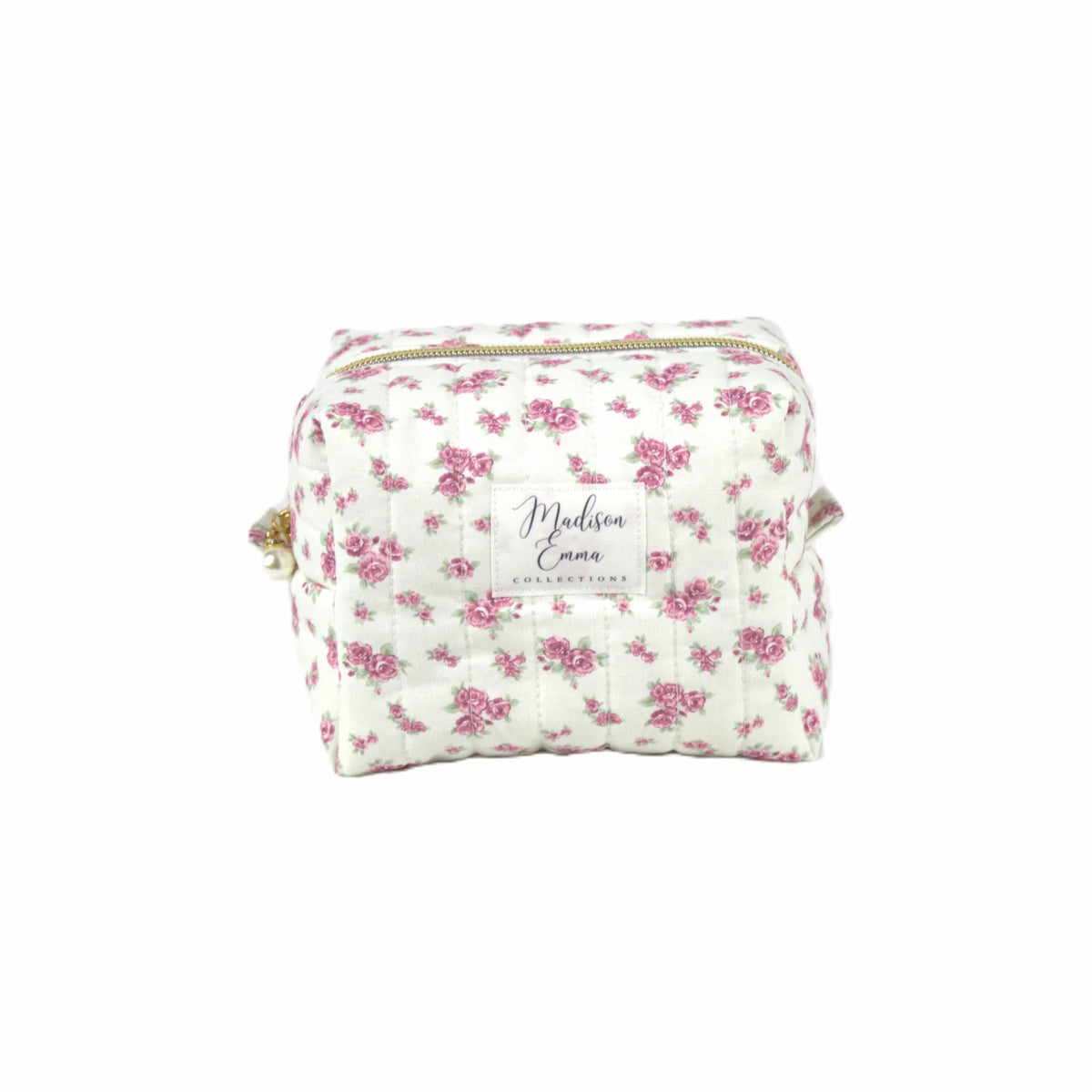 Handmade small makeup bag with pin vintage flowers on white fabric - gift for her NZ