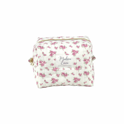 Handmade small makeup bag with pin vintage flowers on white fabric - gift for her NZ