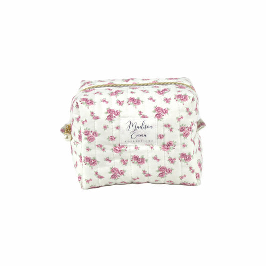 Handmade small makeup bag with pin vintage flowers on white fabric - gift for her NZ