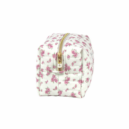Handmade small makeup bag, pink vintage flowers on white fabric with gold zip and pearl zip pull - gift for her NZ