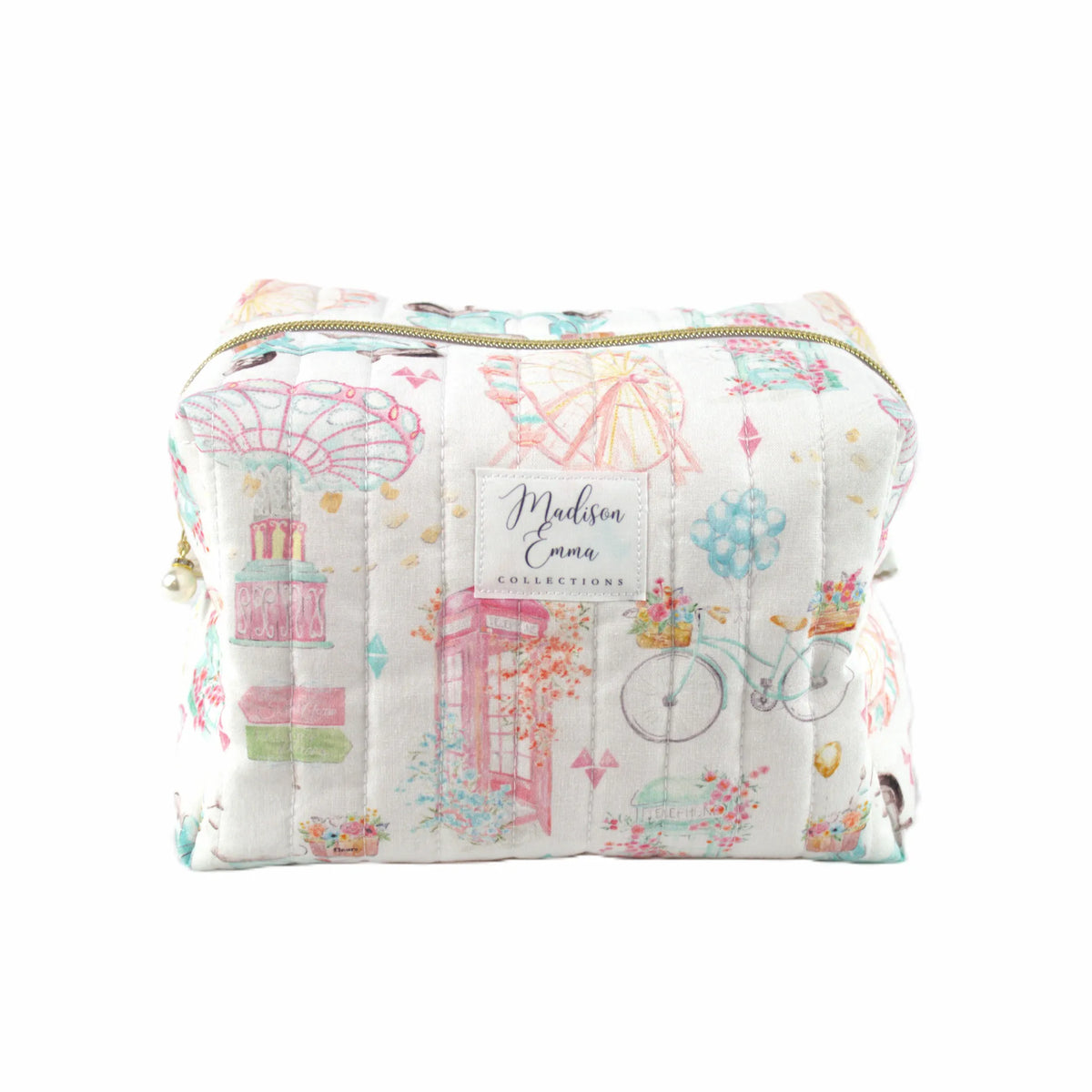 Handmade large makeup bag with world icons on white fabric - gift for her NZ