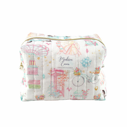 Handmade large makeup bag with world icons on white fabric - gift for her NZ