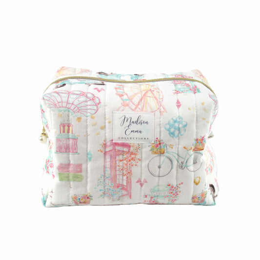 Handmade large makeup bag with world icons on white fabric - gift for her NZ