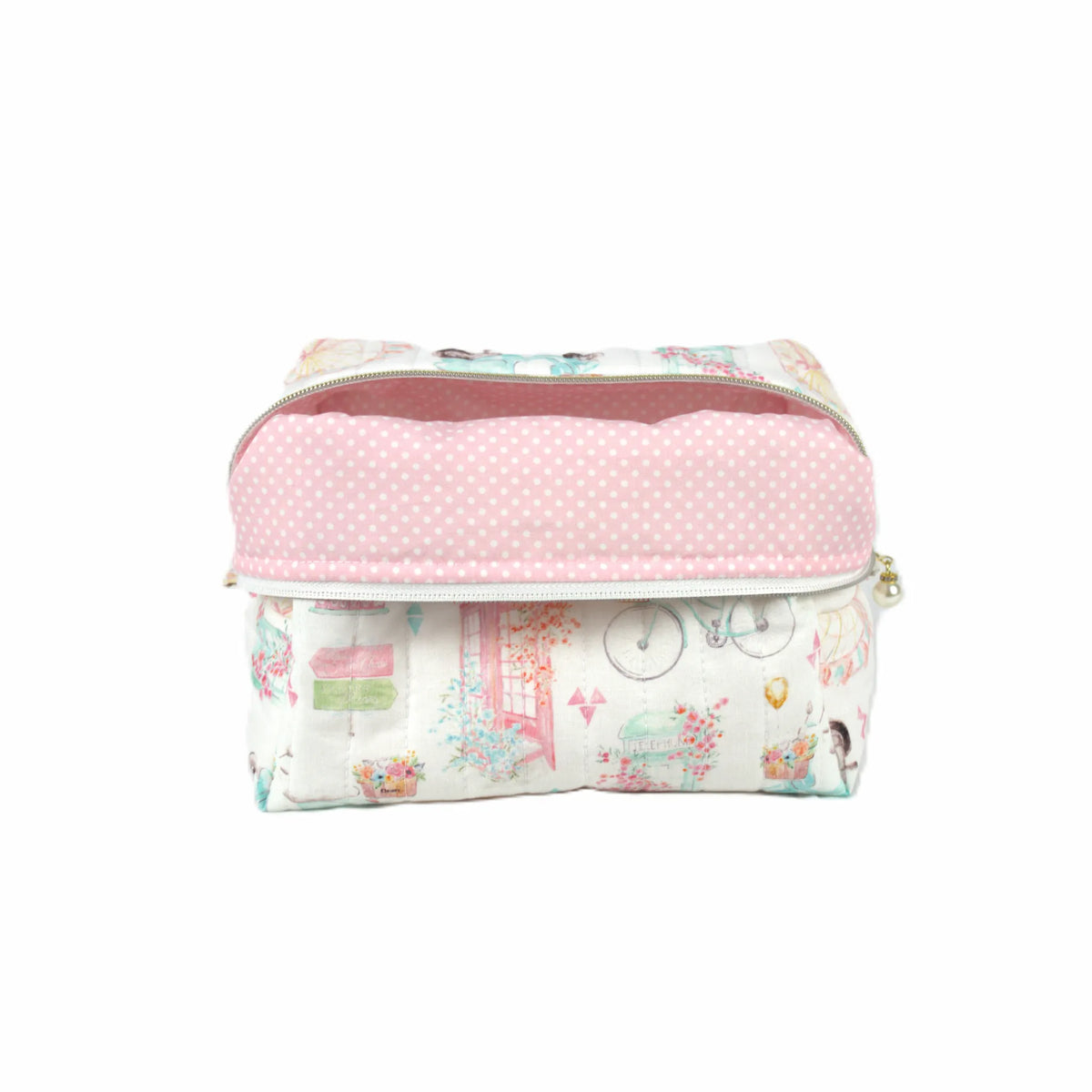 Handmade large makeup bag, world icons on white fabric with white polkadots on pink liner - gift for her NZ