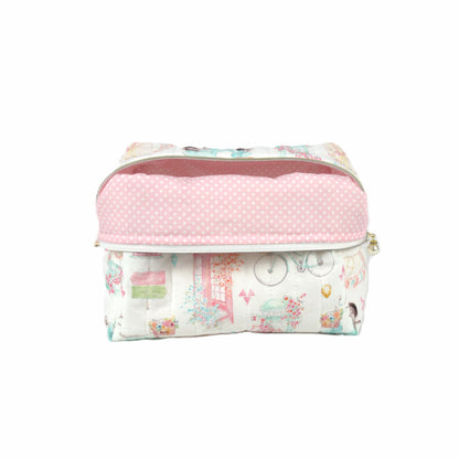 Handmade large makeup bag, world icons on white fabric with white polkadots on pink liner - gift for her NZ